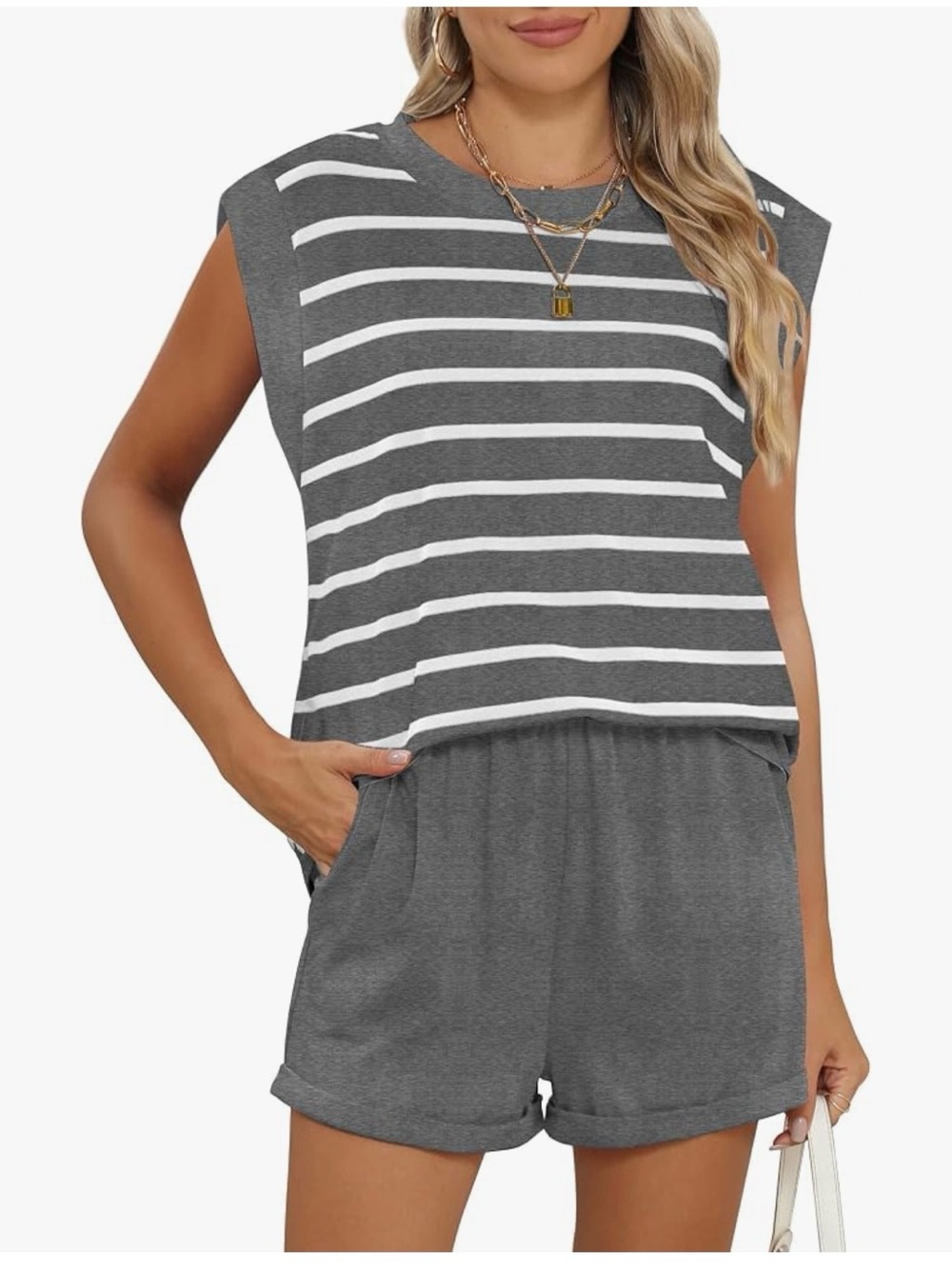 Amazon Gray and White Striped Sleeveless Tank Top